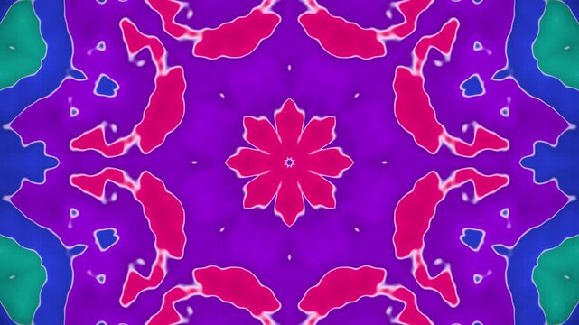 Kaleidoscope flow seamless loop psychedelic mandala colorful VJ symmetric pattern shifting green magenta orange and blue shapes morph in mirrored symmetry for club screens and festival stages