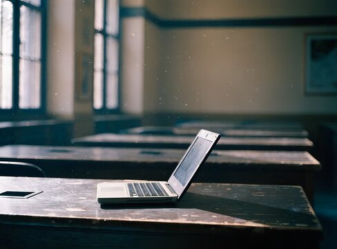 Outdated Laptop on Wooden Desk in Empty Classroom Representing Digital Divide in Education