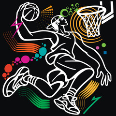 Dynamic line art illustration of a basketball player jumping for a slam dunk with a ball near the hoop. Abstract neon elements on black background. Vector poster for sports, streetball, game. © Elmar