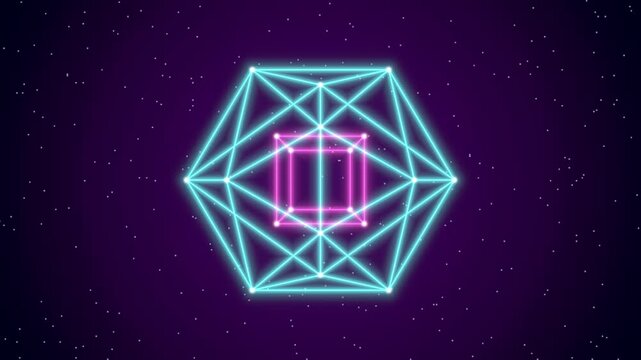 Neon wireframe polyhedron seamless loop rotating icosahedron cube geometric VJ glowing cyan and pink edges spin in deep purple space with stars for club screens tech intros and science backgrounds
