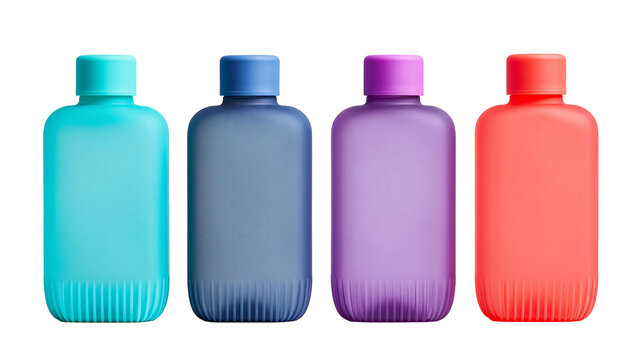 Isolated four colorful matte minimal design flat shampoo bottles with ribbed bottoms