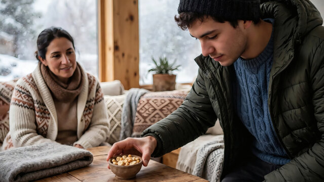 Mother and son sharing snack at home