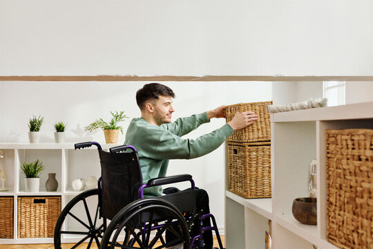 Young man in a wheelchair placing a basket on low shelves