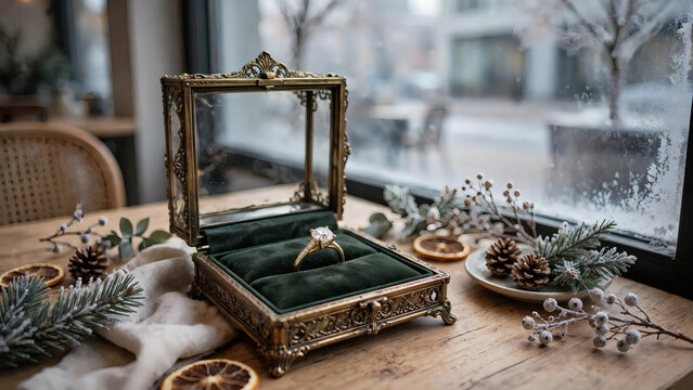 Engagement ring in vintage jewelry box by winter window