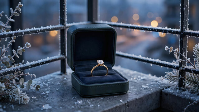 Engagement ring in gift box on frosty windowsill