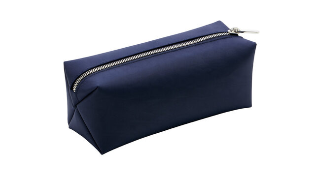 Isolated navy blue fabric zippered pouch, practical accessory for organization and storage.