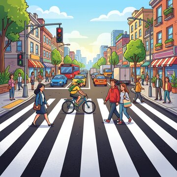 Panoramic view of zebra crossing. Cartoon. Vector illustration.