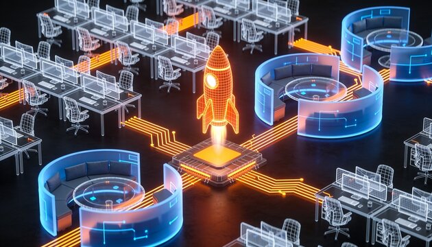 Isometric tech company workplace with glowing orange rocket symbol, holographic wireframe workstations and meeting pods in neon circuitry on dark backdrop, AI startup growth illustration