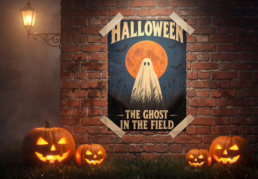 Halloween Poster Mockup on Brick Wall