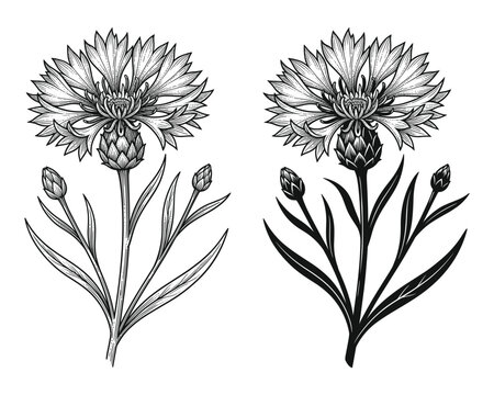 Cornflower illustration vector black and white graphic design elements for nature.