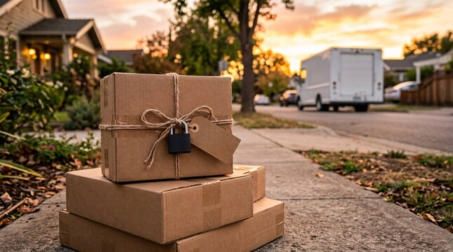 Cardboard shipping boxes tied with twine and secured by a black padlock with a blank tag rest on a suburban street with a blurred truck.