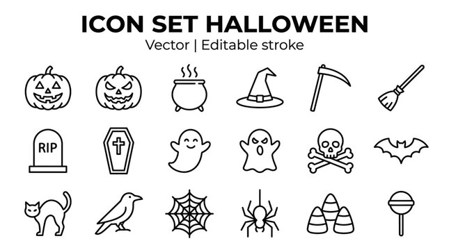 Halloween icon set with editable stroke for seasonal graphic design