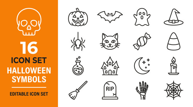 Halloween symbols icon set with editable stroke for seasonal design