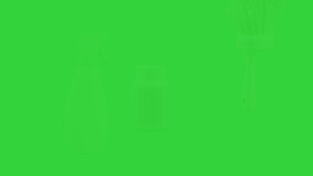 Household Cleaning Supplies Set Including Spray Bottle, Container, and Brush on Green Screen Background