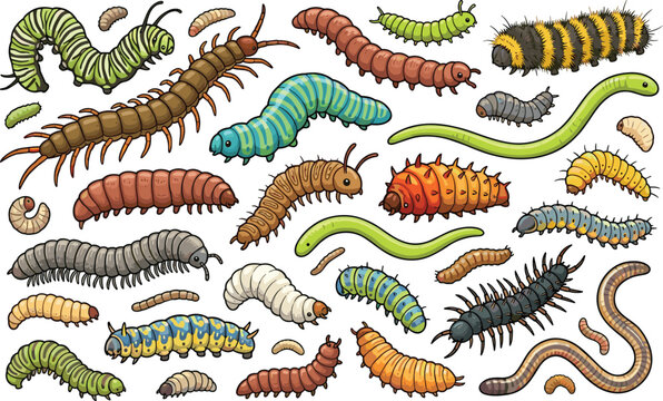 Vector illustration set of various colorful cartoon caterpillars worms millipedes and centipedes isolated on a white background