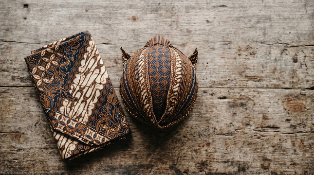 Traditional Javanese blangkon arranged with Indonesian batik textiles in an elegant cultural flat lay composition
