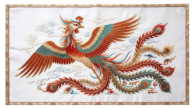 Traditional Chinese phoenix embroidery on white silk fabric, embroidered fenghuang mythic bird tapestry, Asian ornate textile artwork isolated PNG with Transparent Background