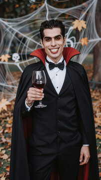 Vertical shot of stylish man in vampire costume for Halloween