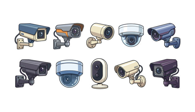 Video surveillance equipment set including smart home security wall mounted bullet cameras and ceiling dome devices vector