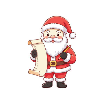 Cute cartoon Santa Claus holding a long scroll list and a pen