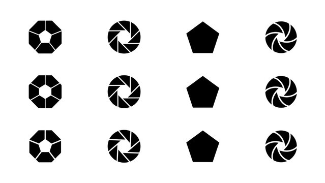 Minimalist black and white vector icon collection featuring geometric camera aperture symbols, circular shutter designs, pentagon shapes.