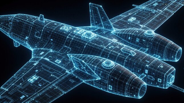 Futuristic military drone aircraft with glowing blue digital wireframe mesh. Tactical electronic schematic design shows advanced unmanned surveillance tech. High tech aerospace vehicle concept for