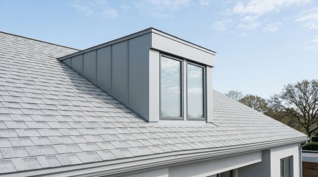 Modern dormer window addition on a gray shingled roof under a clear blue sky. Architectural detail for home renovation.