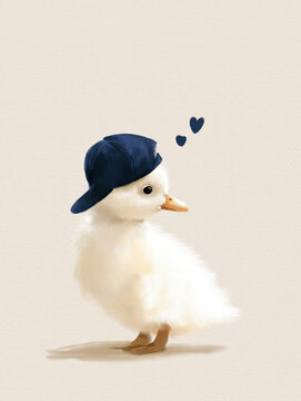 a simple minimalist digital illustration of a small fluffy white duckling standing on a light beige background. the duckling wears a dark blue baseball cap backward.