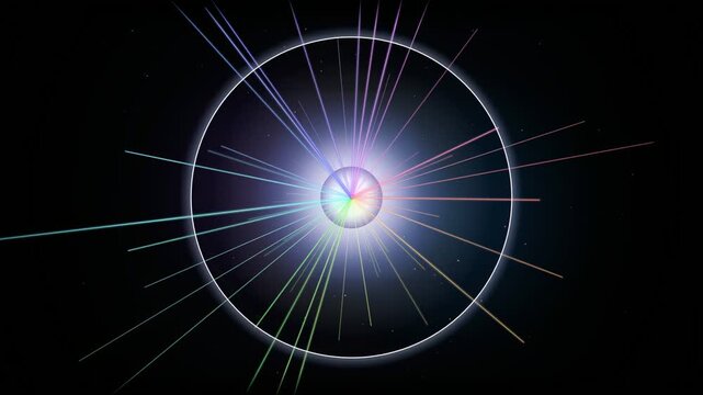 Abstract futuristic digital energy core with radiating colorful light beams in deep space background