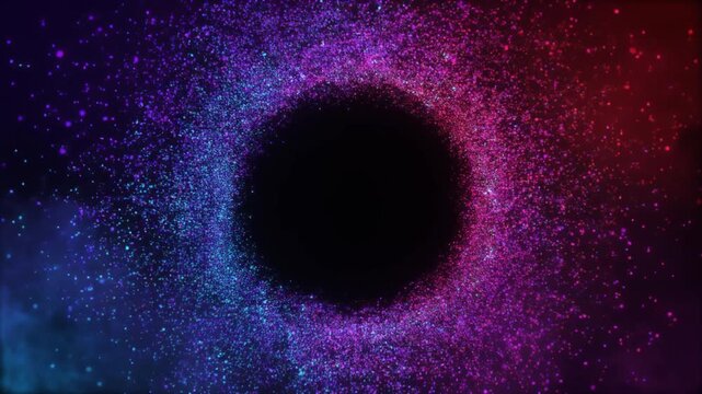 漆黒の中央に紫と桃色と青の微細な発光粒子が巨大な円環を作り外周へ霧状に飛び散る抽象表現