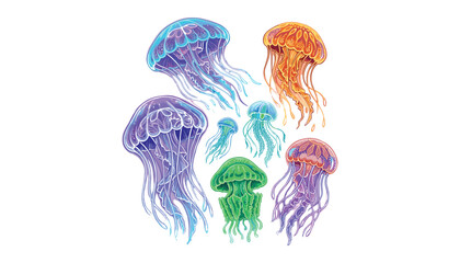 Vector illustration set of colorful glowing neon jellyfish floating isolated on a white background © MdFahim