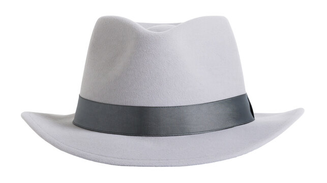 Isolated classic light gray felt fedora hat with dark ribbon, traditional headwear