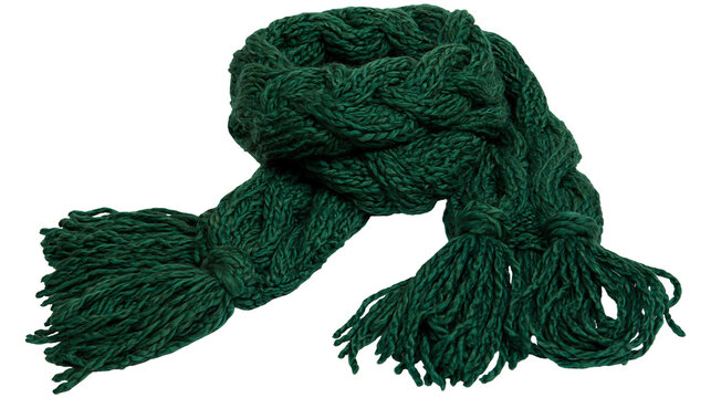 Isolated cozy dark green chunky knit wool scarf with braided texture and tassels