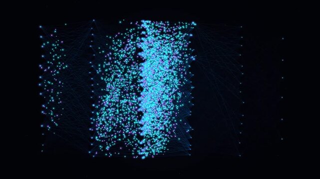 A futuristic digital animation showing information flowing and expanding through interconnected artificial neural network layers in a dark cyberspace.