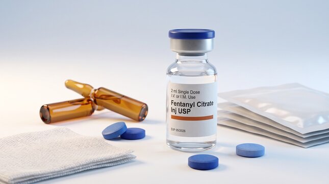 Toxicology: Fentanyl citrate vial illustrates opioid overdose risk and medication safety