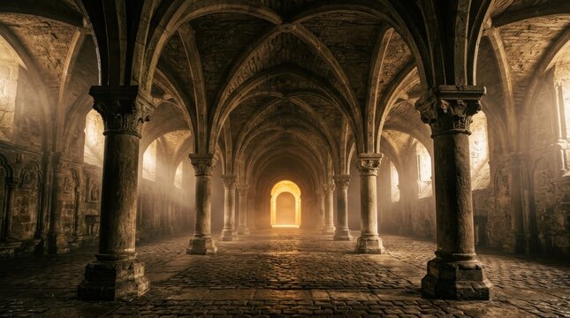 Ancient gothic stone crypt interior featuring vaulted ceilings with dramatic light rays and shadows. Ideal for historical fantasy or mysterious architecture conceptual themes.