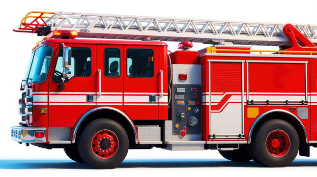 Red firetruck with long silver ladder on white background. Side view of emergency rescue vehicle with white stripes. Fire engine equipment for firefighting service. Strong transport truck used by