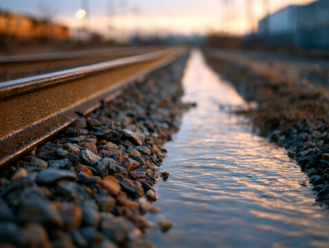 Rail track drainage channel reflecting evening light beside clean ballast and parallel steel rail in industrial setting with shallow focus and calm atmosphere