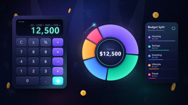 Calculator computing budget allocation pie chart animation in 4K loop