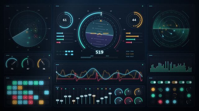 Futuristic spacecraft control panel dashboard with radar screens dials and audio visualizers