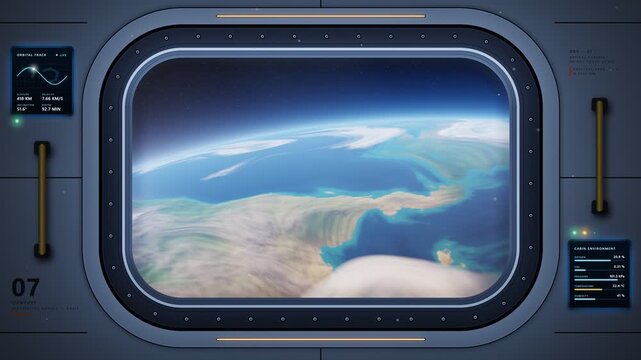 Cinematic view of planet Earth from a spaceship window with HUD orbital telemetry interface
