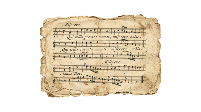 Ancient torn sheet music with handwritten notes and classical lyrics like miserere and agnus dei isolated on transparent background