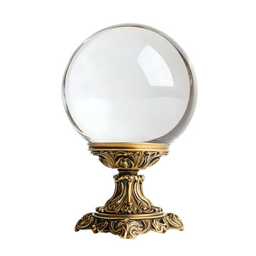 Crystal ball on ornate stand a symbol of fortune telling and future prediction isolated on white background