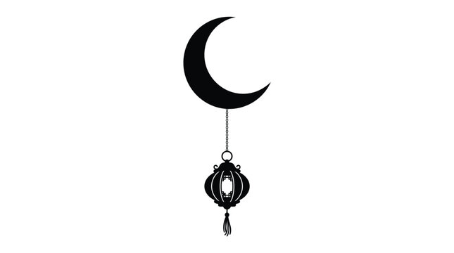Minimalist black crescent moon illustration hanging with traditional lantern silhouette for festive celebration graphic