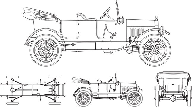 Vintage early twentieth century open top touring car technical line art illustration showing side chassis and rear views for automotive design history