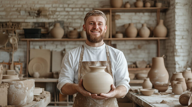A man stands in a pottery workshop holding a freshly shaped clay pot. He is smiling and wearing an apron. The background features various pottery items and tools used in crafting.