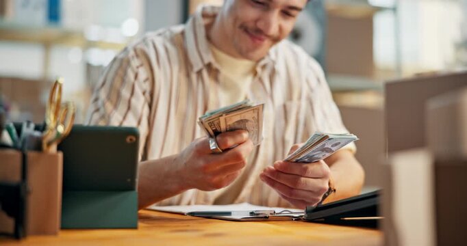 Counting, cash and businessman in office for small business management, profit or accounting logistics. Male person, entrepreneur or finance with money for startup revenue or return on investment