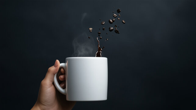 A person holds a white cup from which hot coffee is being poured. Coffee beans float above the cup. The background is dark, highlighting the steaming cup of coffee.