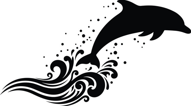 Jumping dolphin vector silhouette graphic with decorative swirling waves and playful splashing water drops art