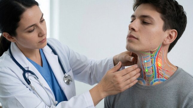 Female doctor examines neck of young male patient in clinic. Physician checks swollen lymph nodes, thyroid gland for medical diagnosis. Healthcare pro performs physical exam to detect inflammation